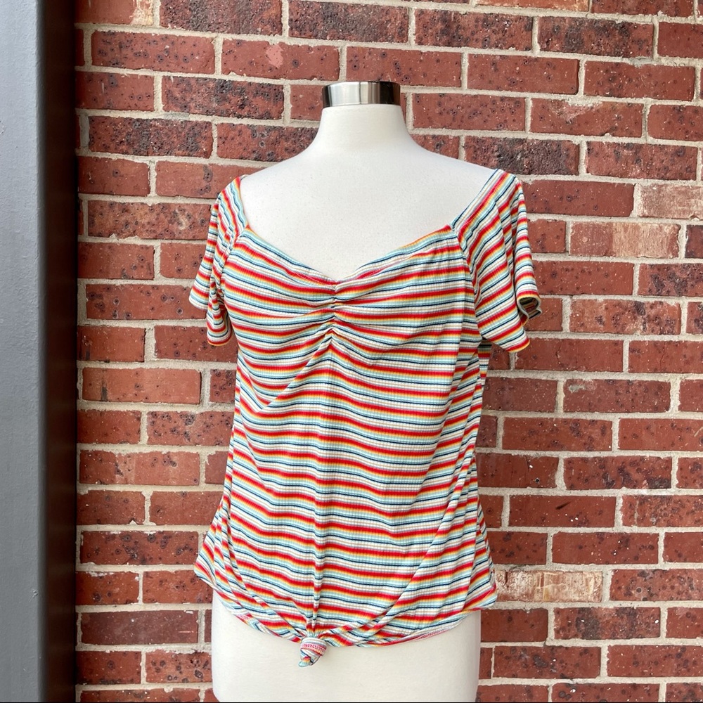 Haute Fox Striped Knotted Ruched Crop Top 2X Short Sleeve Shirt XXL Plus